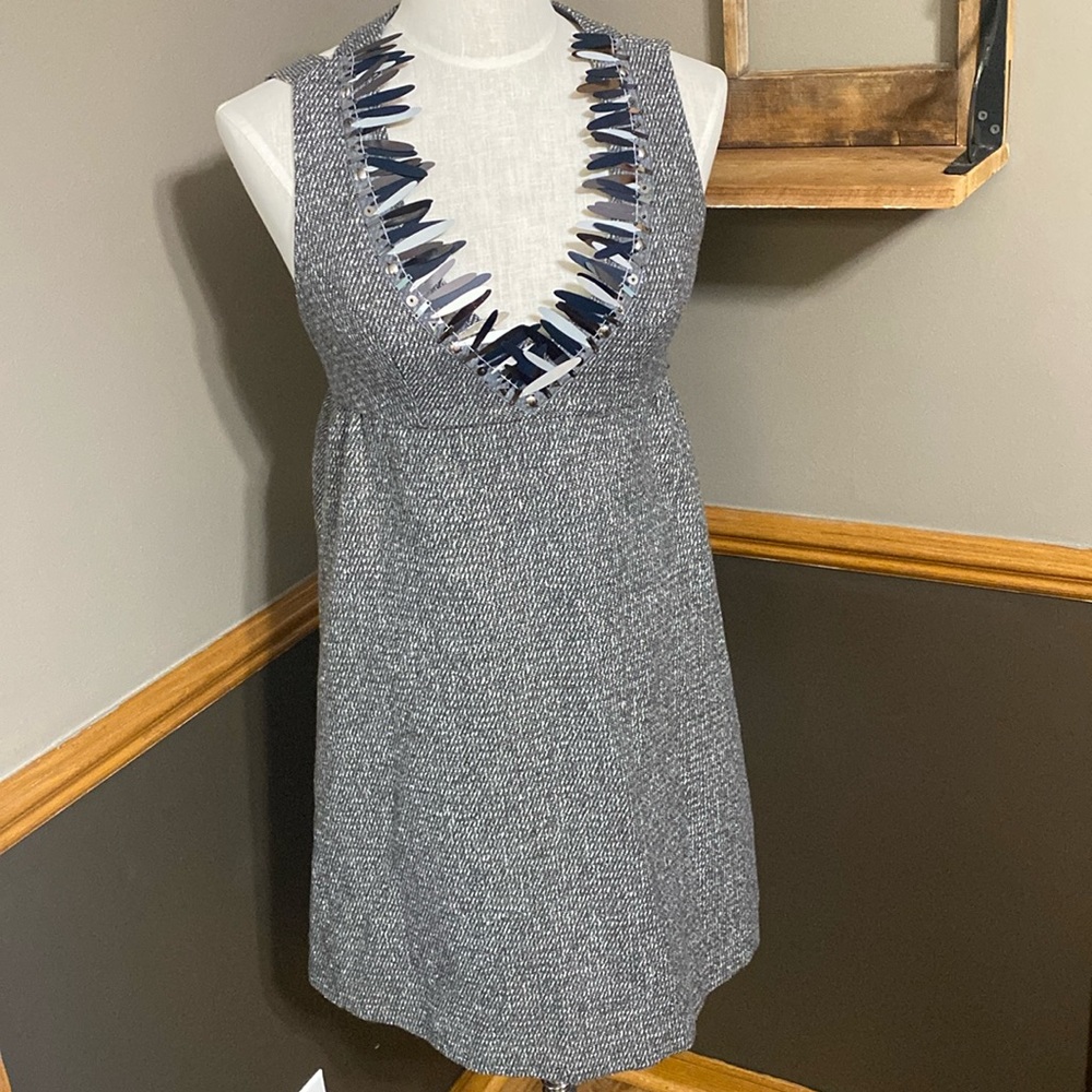 Anna SUI Colab gray tweed deep V neck open back dress size small